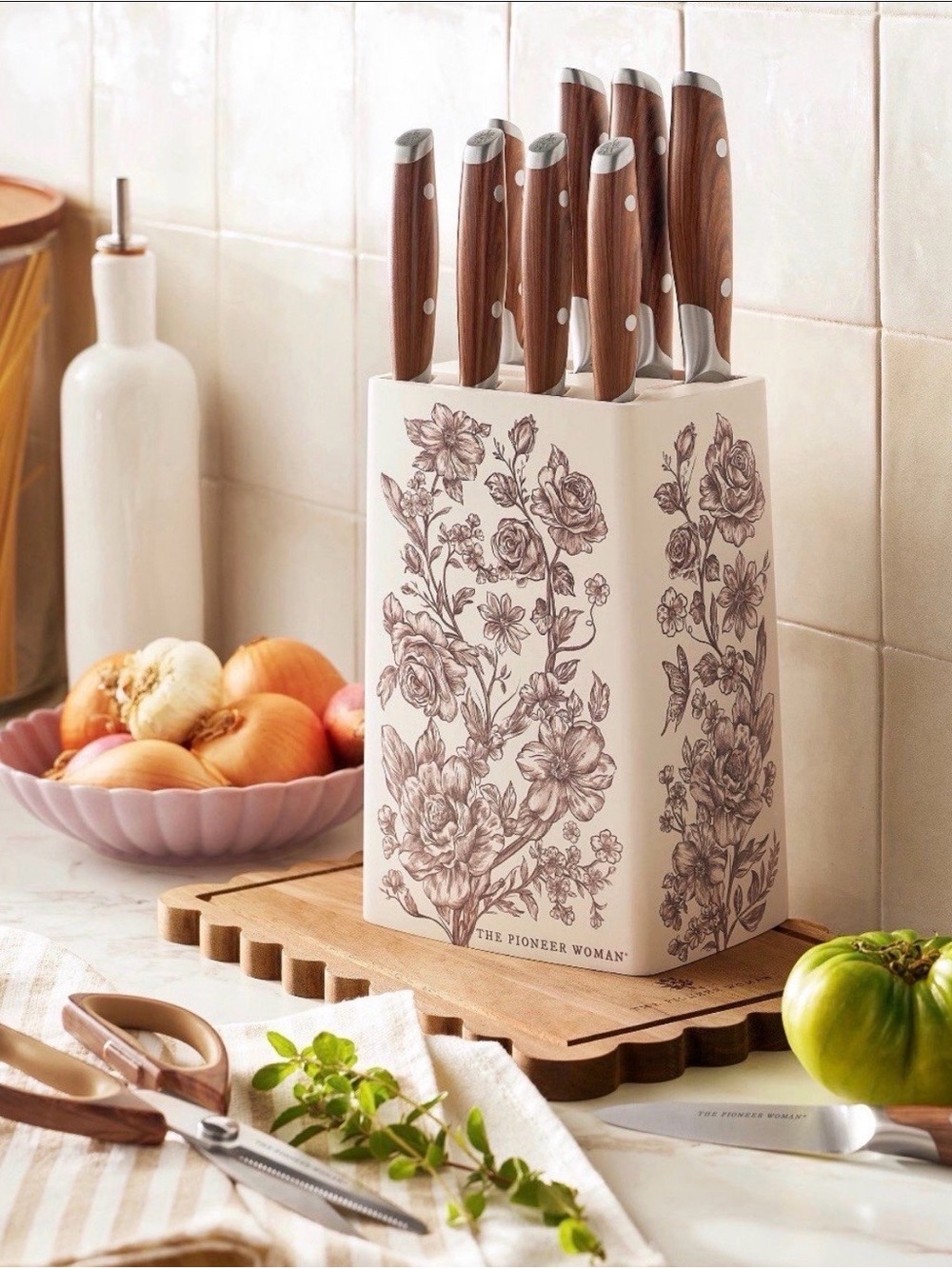 The Pioneer Woman Brown Floral Knife Block Set with Cream Floral Block